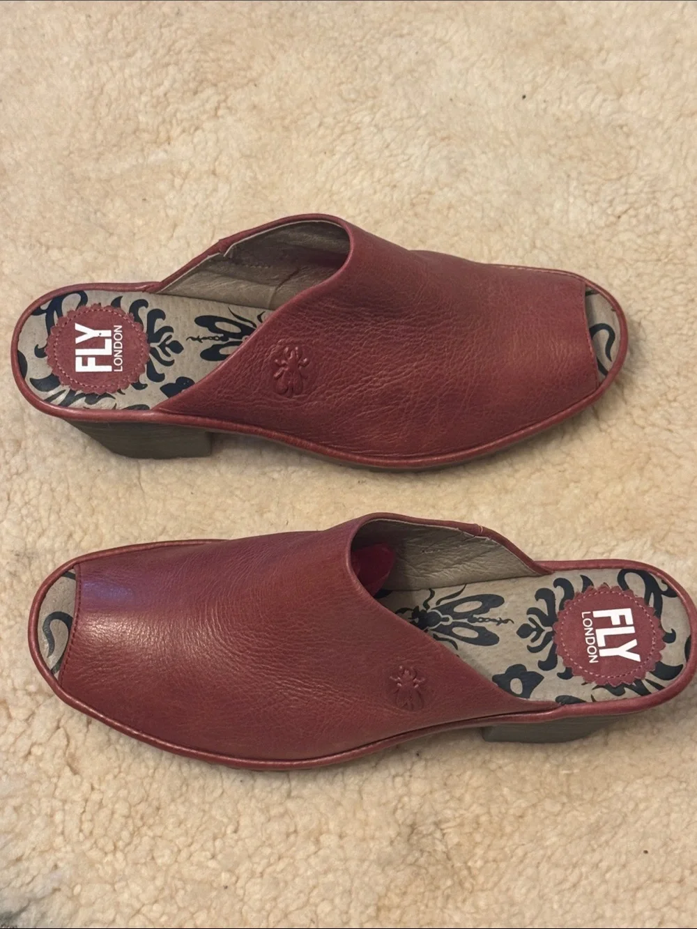 Fly London Red Leather Open-Toe Slide Mules